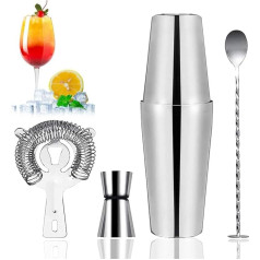5 Piece Cocktail Shaker, Stainless Steel Cocktail Shaker, Cocktail Mixing Set Accessories, Premium Boston Shaker 750 ml 500 ml Gift Set, with Measuring Cup and Strainer, Suitable for Home, Bartending,