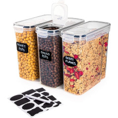 Cereal Storage Jars - Set of 3 Plastic Food Storage Containers - Practical Cereal Dispenser - Food Grade and BPA Free - Durable and Easy to Use - Ideal for Cornflakes, Flour Storage