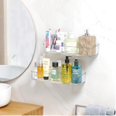PAVSTINE Shower Shelf, No Drilling, Transparent, Pack of 2 Shower Shelves, Bathroom Organiser with Drain Holes, Bathroom Shelf, Shower Basket with 2 Suction Cups, Shower Caddy, Shampoo Holder for