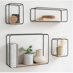 Kazai. Jona- Wall Shelf Set, 4-Piece Hanging Shelf Made of Metal and Real Wood Veneer, Wall Decoration and Shelf for Bathroom, Living Room, Kitchen, Bedroom and More, Birch