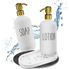 Vartelli® Premium Glass Soap Dispenser Bathroom [2 x 475 ml] - Durable & Rustproof 304 Stainless Steel Pumps - Soap Dispenser Set Including 100% Handmade & Waterproof Tray, White Gold