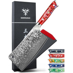 SANMUZUO Chopping Knife 17 cm Professional Butcher Knife Damascus Knife Xuan Series VG10 Damascus Steel Kitchen Knife with Resin Handle (Sunset Red)