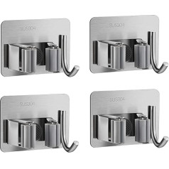 Voarge 4 Pieces Wall Mounted Broom Holder and Brush Holder, Wall Holder for Broom Self Adhesive Hanging Broom Holder, No Need Fists for Kitchen and Bathroom (Silver)