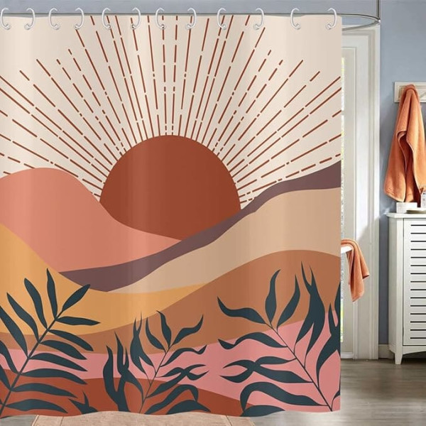 Hnmdmyi Mid Century Abstract Mountain Sunset Leaf Bath Curtain Modern Minimalist Geometric Aesthetic Art Waterproof Polyester Fabric Washable Bath Curtain 180 x 180 cm