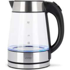 Livoo - Glass Kettle - Stainless Steel and Borosilicate Glass, 1.7 L, 2200 W, Blue Backlight