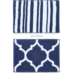 Penguin Home Reversible Microfibre Tufted Mat, Navy Blue & White, Super Soft and Highly Absorbent with Reversible Moroccan Motifs for Showers, Bathtubs and Bathroom Floors, 50 x 80 cm
