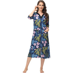 Alunsito Women's Summer Autumn Nightdress with Zip Pyjamas Floral Print Sleep Dress Sexy Nightgown with V-Neck 3/4 Sleeve Loungewear