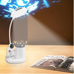 GOMETY Children's Desk Lamp, LED Bedside Lamp, Dimmable Brightness Levels, Rechargeable Table Lamp, Study Lamp, Gooseneck LED Reading Lamp with Pen Holder, Star Projection for Children