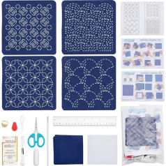 FREEBLOSS Set of 4 DIY Sashiko Coaster Set, Water Soluble Embroidery Pattern, Thimble Sewing Kit, Complete Embroidery Set Including Sashiko Yarn, Set for Making Coasters Made of Needles and Fabric