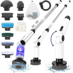 Electric Cleaning Brush, [Foldable 450 Rotations] Homtronics Electric Cleaning Brush, Adjustable Long Handle, Electric Spin Scrubber Cordless with 8 Drill Brush Heads for Bathroom, Kitchen, Car, White
