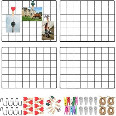 Roellgs Pack of 4 Wall Grids (with Accessories) Grid Pin Board Photo Grid Memo Board and Photo Wall, Decorative Metal Grid for Office, Kitchen, Room and More (Black)