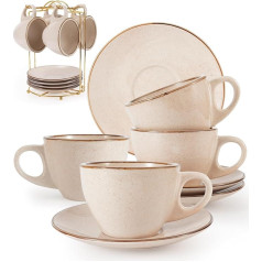 Futelang 237 ml cappuccino cups, set of 4, thick-walled, insulated, storable ceramic coffee cups and saucers with stand, perfect for tea, cappuccino and latte, nostalgia white