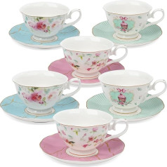 fanquare Set of 6 Rose Tea Cup and Saucer, British Tea Cups Set for Gift, Colourful Flowers Porcelain Tea Set
