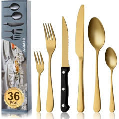 BEWOS 36-Piece Matte Gold Cutlery Set with Steak Knife Service for 6, Premium Stainless Steel Cutlery Sets for Home & Kitchen, High Quality Knife, Spoon, Fork Cutlery Set, Highly Polished, Dishwasher