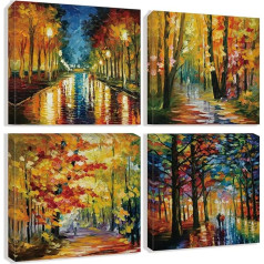 Yarou Art Colorful Landscape Oil Painting Wall Art Canvas Painting Abstract Texture Rainbow Trees with Walks 4 Pieces for Living Room Bedroom Artwork 12x12 Inch