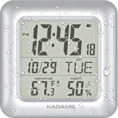 KADAMS Bathroom Digital Clock with Large LCD Screen - Shower Wall Clock with Timer - Waterproof - Temperature and Humidity Display - Calendar Display - 4 Mounting Options (Silver)