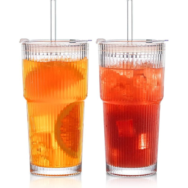 INSETLAN Ribbed Glass Cups with Lids and Glass Straws, 2 Piece Glassware Set, Thickened Glass, Ideal for Iced Coffee, Smoothies, Cocktails and Juices, Elegant and Durable Drinkware