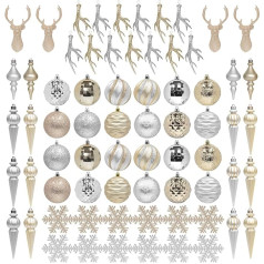 KI Store Pack of 54 Christmas Baubles, Champagne Christmas Decorations, Hanging Christmas Tree Baubles, Spinning Tops, Cones, Icicles, Star Topper, Christmas Decoration for Christmas Tree, Plastic