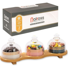 Nakass Set of 3 Ceramic Snack Bowls Serving Bowls with 3x Glassy Lids / Dessert Bowls with Bamboo Wooden Tray as Colourful Tapas Bowls Serving Tray Candy Bowl for Dining Table Decoration