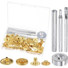 sourcing map 12 Sets Druckknöpfe Schnappverschluss Kit 3/5 Zoll 15 mm Metall Druckknöpfe Werkzeug mit 4 Setter Werkzeuge & Aufbewahrungsbox für Kleidung Leder Nähen, Golden