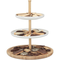 Relaxdays Bamboo and Ceramic Etagere Cake Stand Serving Platter, Decorative Serving Dish for Biscuits, Fruit and Nibbles, Natural White