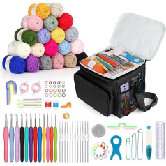 Aeeque 101 Pieces Crochet Set with Wool, Complete Crochet Set Beginners with Multifunctional Crochet Bag, Metal Crochet Hooks with Rubber Handle, Crochet Accessories, Adult Crochet Set for Scarf, Hat,