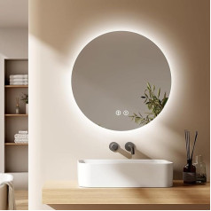 EMKE Round Bathroom LED Mirror Illuminated Backlit Wall Mounted Cosmetic Mirror with Bluetooth, Anti-Fog, Brightness Adjustment, Intelligent Circle Mirror for Bathroom