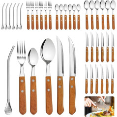 Daily Treasures 36-Piece Cutlery Set, Stainless Steel Cutlery with Wooden Handles, Premium Utensils, Knife Fork and Spoon Set, Includes Steak Knife, Straw Service for 6 People