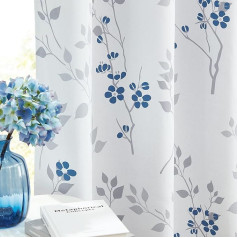 Beauoop Blue Opaque Curtains, Leaves Floral Pattern, Vintage Curtains with Eyelets, Botanical Thermal Curtain, Blackout Curtains for Farmhouse, Living Room, Bedroom, Set of 2, 132 x 175 cm (H x W)