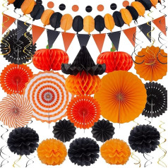 Halloween Party Decoration Festival Set - Huryfox 33 Pieces Birthday Fiesta Children's Decoration Paper Pompoms Supplies Garland for Hanging with Honeycomb Balls, Suitable for Halloween Garden Indoor