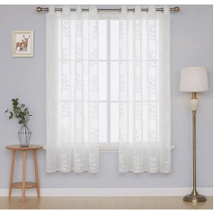 Deconovo Voile Curtains, Transparent Eyelet Curtains with Leaf Pattern, 290 x 140 cm, White, Set of 2