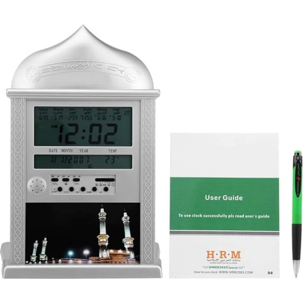 Zerone Islamic Prayer Clock Praying Azan Athan Alarm Clock Silver with Pen