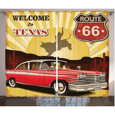 ABAKUHAUS Western Rustic Curtain, Texas Car Cowboy Words, Living Room Universal Tape Curtains with Loops and Hooks, 280 x 175 cm, Red Yellow