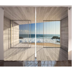 ABAKUHAUS Ocean Rustic Curtain, with Sea Waves Skirt, Living Room Universal Tape Curtains with Loops and Hooks, 280 x 260 cm, Beige White