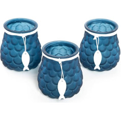 Logbuch-Verlag Set of 3 Tea Light Glasses with Fish Communion Blue White Maritime Table Decoration Tea Light Holder 11 cm