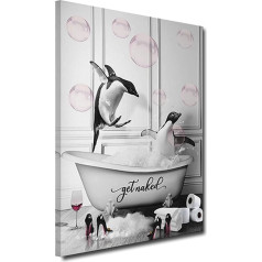 ZHONGYUTONG Bathroom Wall Picture Penguins in the Bath with Pink Bubbles Funny Animals Picture Wall Decoration Framed Black White Canvas Pictures Painting for Bathroom (40 x 60 cm)