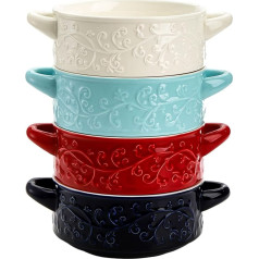 Okllen 4 Pack Ceramic Soup Bowls with Handles, 20oz Glazed French Onion Soup Bowls Embossed Cereal Bowls for Stew, Pasta, Cooling, Oven, Dishwasher Safe, 4 Colors