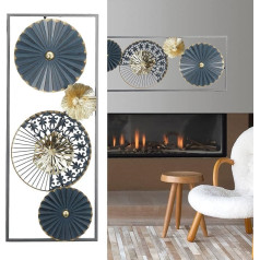 Cepewa Wall Decoration 3D Look for Hanging │ Flower Motifs Metal Blue/Black/Gold W 60 x D 3.8 cm │Wall Sculpture Horizontal Vertical (1 x Wall Decoration Alexia)
