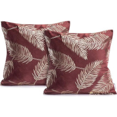 DecoKing Cushion Covers 45 x 45 cm Set of 2 Velvet Look Zip Palm Leaves Decorative Cushion Covers Easy Care Bordeaux Golden Leaves