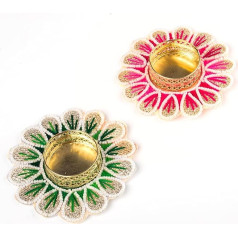 2 Pack Handmade Flower Shape Tea Light Holder Decorative Lighting for Festival Decoration and Gift (Green Pink Flower, 2 Pack)