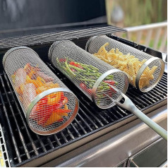 Rolling Grill Baskets Round Grilling Cage BBQ Tools Picnic BBQ Accessories Stainless Steel for Grill Vegetables, Fish, Meat BBQ Grill Basket Round BBQ Grill Mesh Baskets Cookware (Colour: 1 Piece,