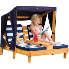 KidKraft Outdoor Double Lounger with Wooden Roof for Children, Garden Lounger for 2 People, Sun Lounger with Cushion, White Navy Stripes, Garden Furniture for Children, 00524
