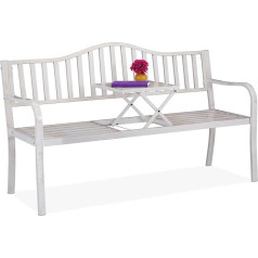 Relaxdays Garden Bench with Folding Table, 3-Seater, Garden, Metal Balcony Bench, HBT 89 x 150 x 58.5 cm, White/Bronze