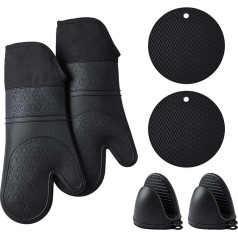INTMALTE Oven Gloves and Pot Holders Set of 6 Heat Resistant Cooking Gloves Heat Resistant 300°C Pot Holders & Oven Gloves for Kitchen Cooking Baking Grilling (Black)