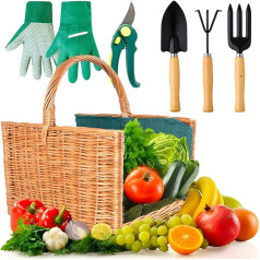 Avilia Set of Ergonomic Garden Tools Basket - Wicker Garden Tools Basket Chest with Garden Tools 35 x 22 x 29 cm