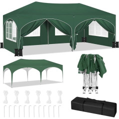 WOLTU Gazebo with 6 Side Panels and 4 Sand Bags, Folding Gazebo 3 x 6 m with Crescent Roof, Garden Gazebo Stable UV Protection, Pop Up Party Tent Outdoor, Height Adjustable, with Carry Bag, Green