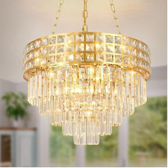 KUNYEEE Modern Crystal Pendant Light Gold Chandelier, Round Crystal Pendant Light, Hanging Lamp for Living Room, Dining Room, Bedroom, Restaurant, E14 x 11, Diameter 55 cm