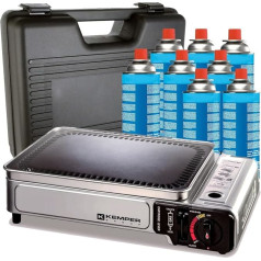 KEMPER - Portable 2300W Non Stick Gas Grill + 8 Camping Gas Cartridges + Carry Case