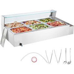 VEVOR Commercial Food Warmer with 6 x 8 Qt Containers, Electric Steam Table with Glass Cover, 1500W Stainless Steel Countertop, Buffet Bain Marie, 30-85°C Temperature Control for Catering