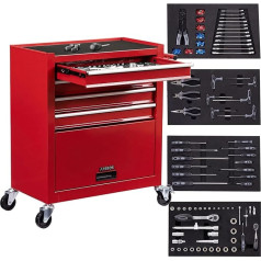 Arebos Workshop Trolley Red | 4 Drawers Including 81-Piece Tool + Large Compartment | Includes Non-Slip Mats | Ball Bearing Drawers | Transport Safety | 2 Wheels with Parking Brake